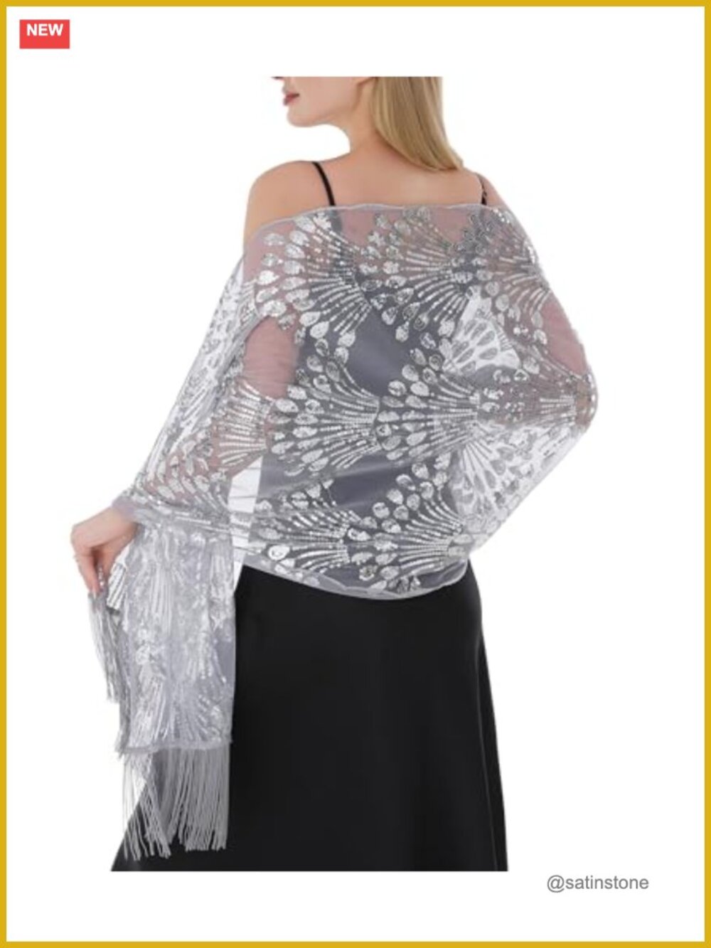 Embroidered Lace Chiffon Shawl Wrap with Sequins & Fringe